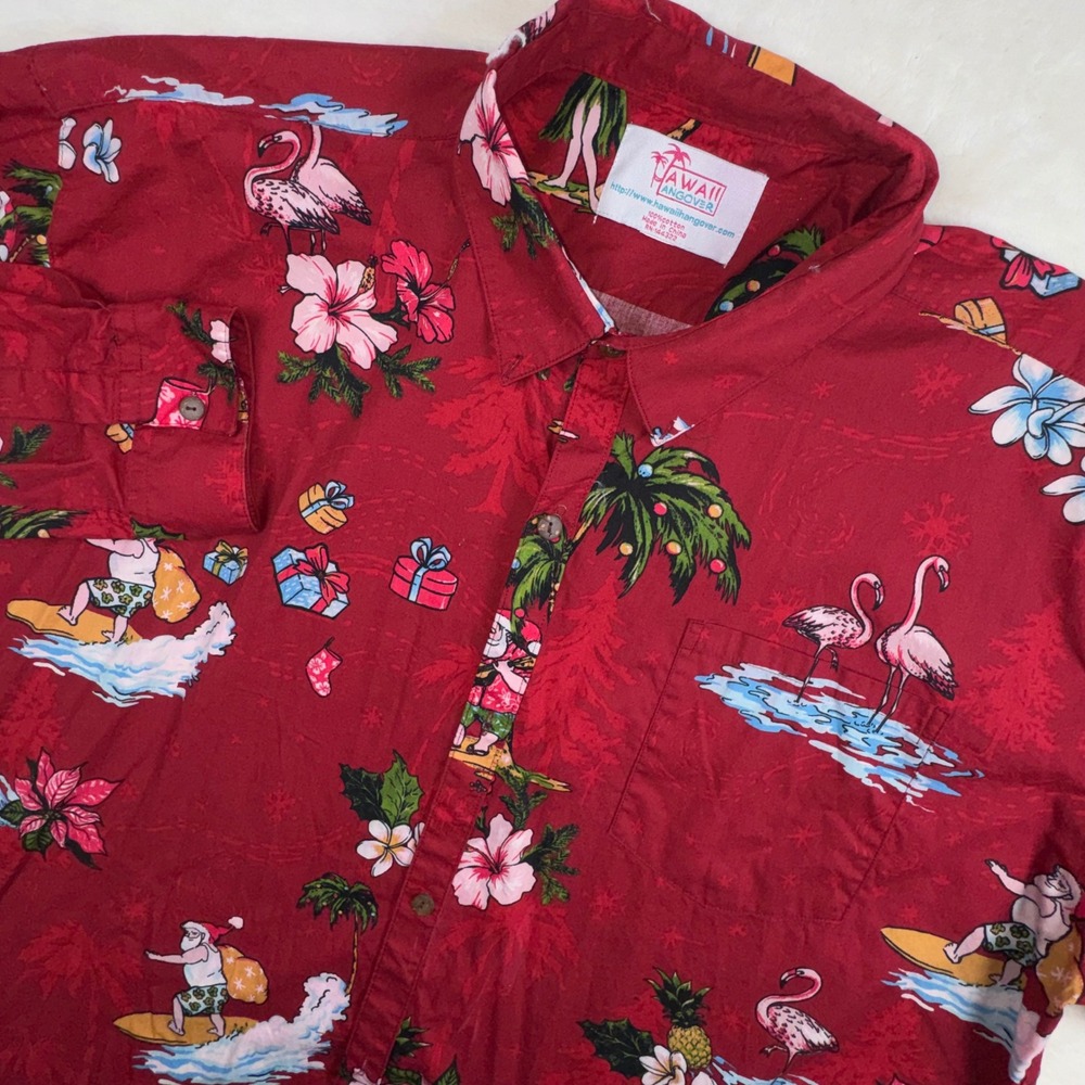 Hawaii Hangover Button Down Shirt Mens XXL Red Christmas Tropical Surfing Santa